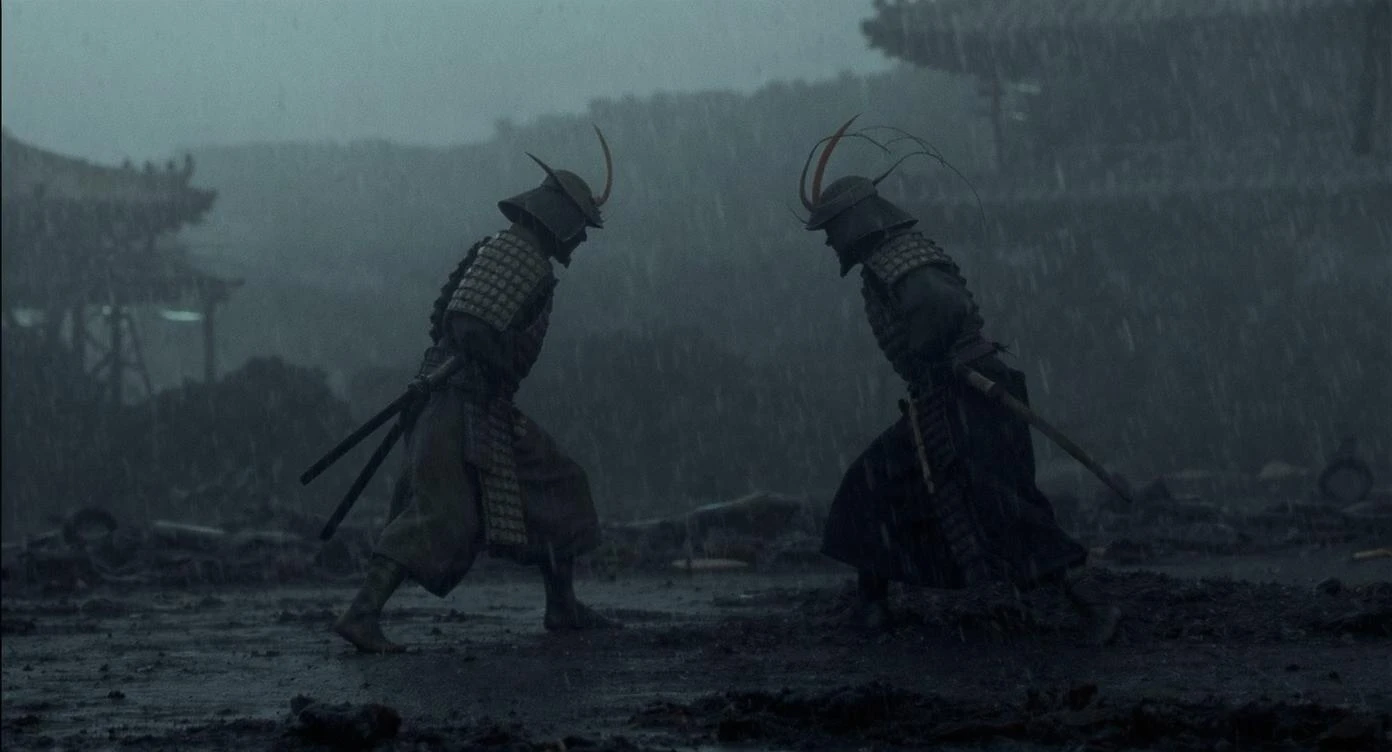 A cinematic scane from 1185, Wide shot of a two japan samurai face to face ready to fight during rain, deph composition, tense atmosphere, captured by by arri alexa, film directed by wes anderson emoji