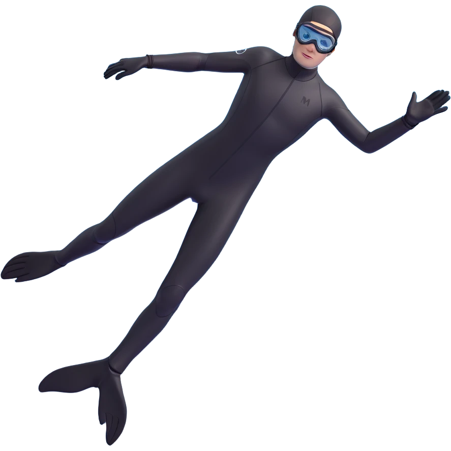 3D emoji style freediver in a black wetsuit, descending posture, seen from behind, with long black fins, black gloves, and black goggles, arms at sides, five fingers on each hand, no face details, black or deep sea background emoji