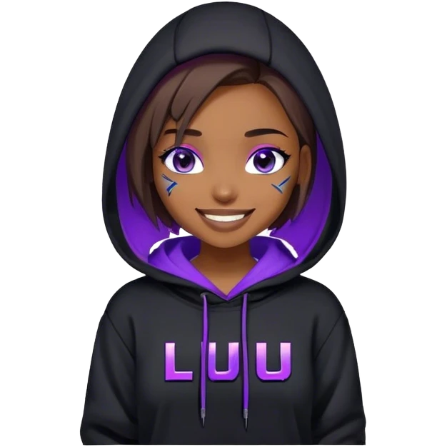 brown haired girl with a bob and blue eyes wearing black hoody with violet letters "Lu", laughs. Cyberpunk style. Violet neon. emoji