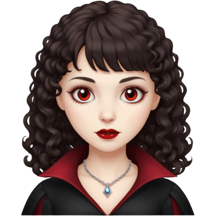 vampire feminine and with bangs  dark brown hair  curly hair  emoji