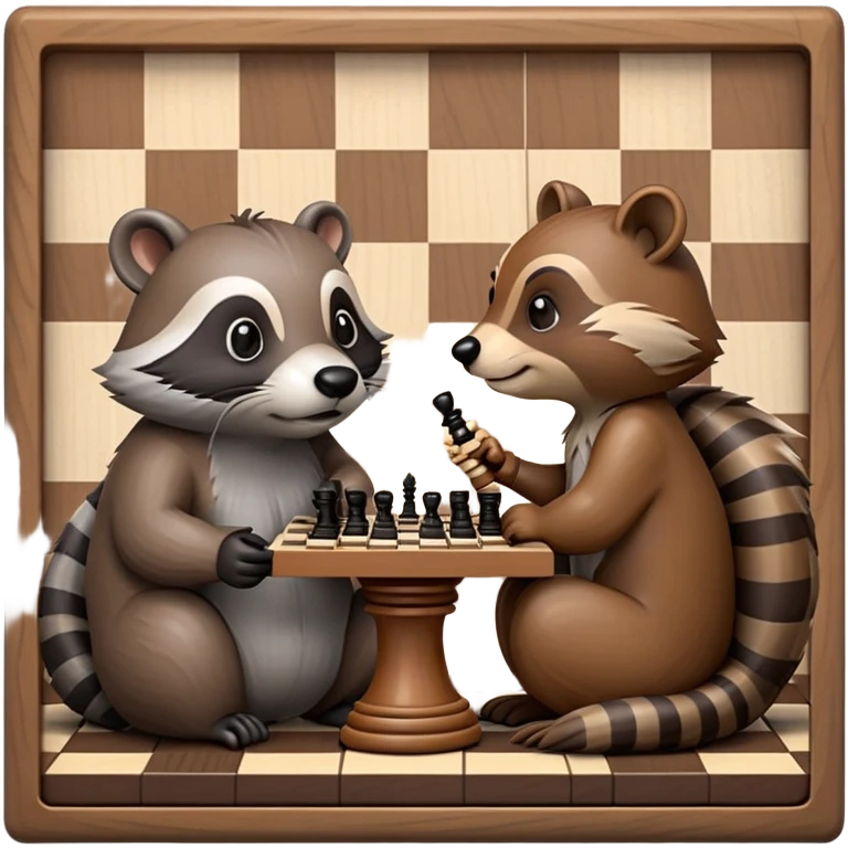 A detailed emoji of a beaver and a raccoon sitting at a chessboard, intensely focused on the game. The beaver has a thoughtful expression, holding a chess piece, while the raccoon looks mischievous, ready to make a move. The chessboard is small but c emoji