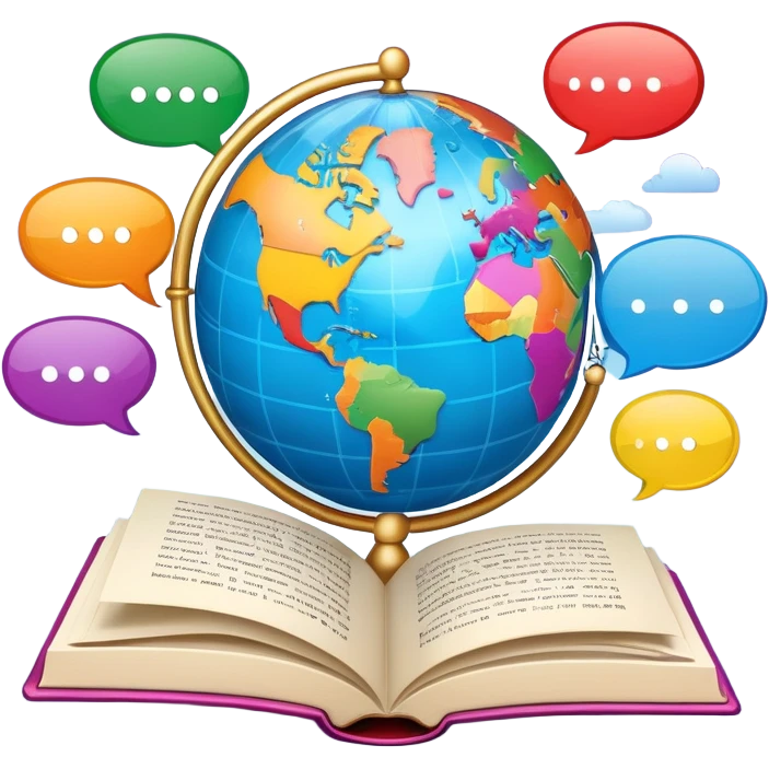 An icon showing a globe surrounded by speech bubbles with greetings in different languages, like 'Hello,' 'Hola,' and 'Bonjour.' The design includes an open book and a quill, symbolizing learning and communication. Transparent background emphasizes global connection through language. emoji