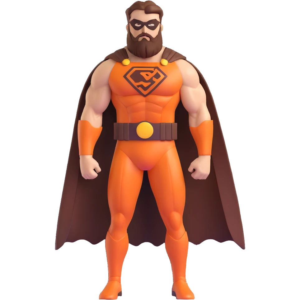muscular superhero in brown and auburn costume, beard-shaped logo, comb-shaped belt, magnificent beard emoji
