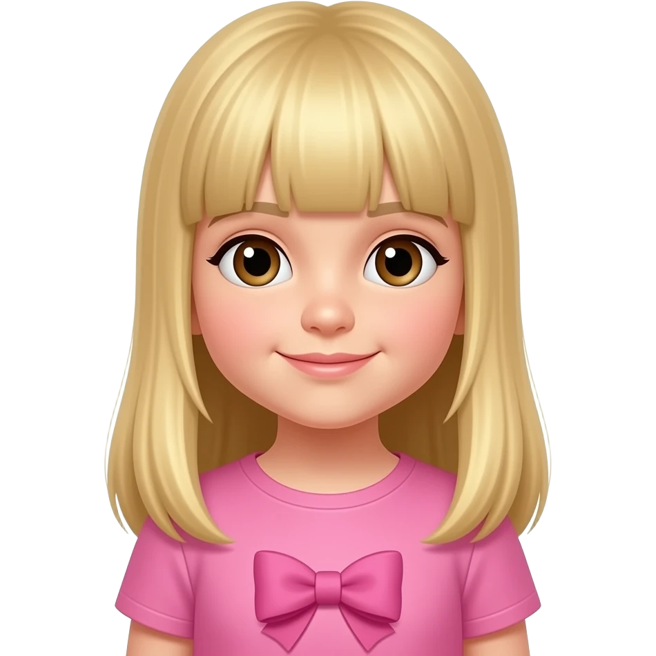 Stunning little 4 year old girl long blonde straight hair no bangs brown eyes pink tshirt pink bow emoji