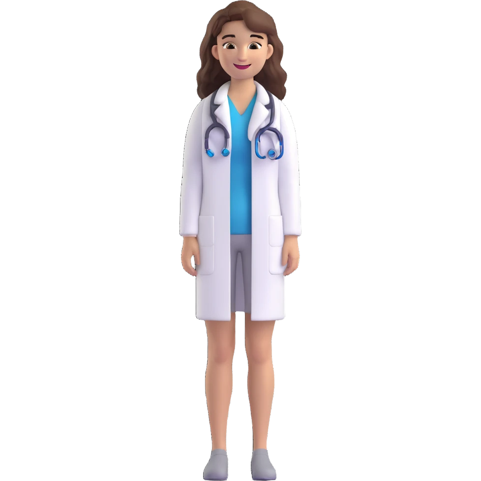 young woman, brown long wavy hair, medical white clothes, friendly, front view, smiling emoji