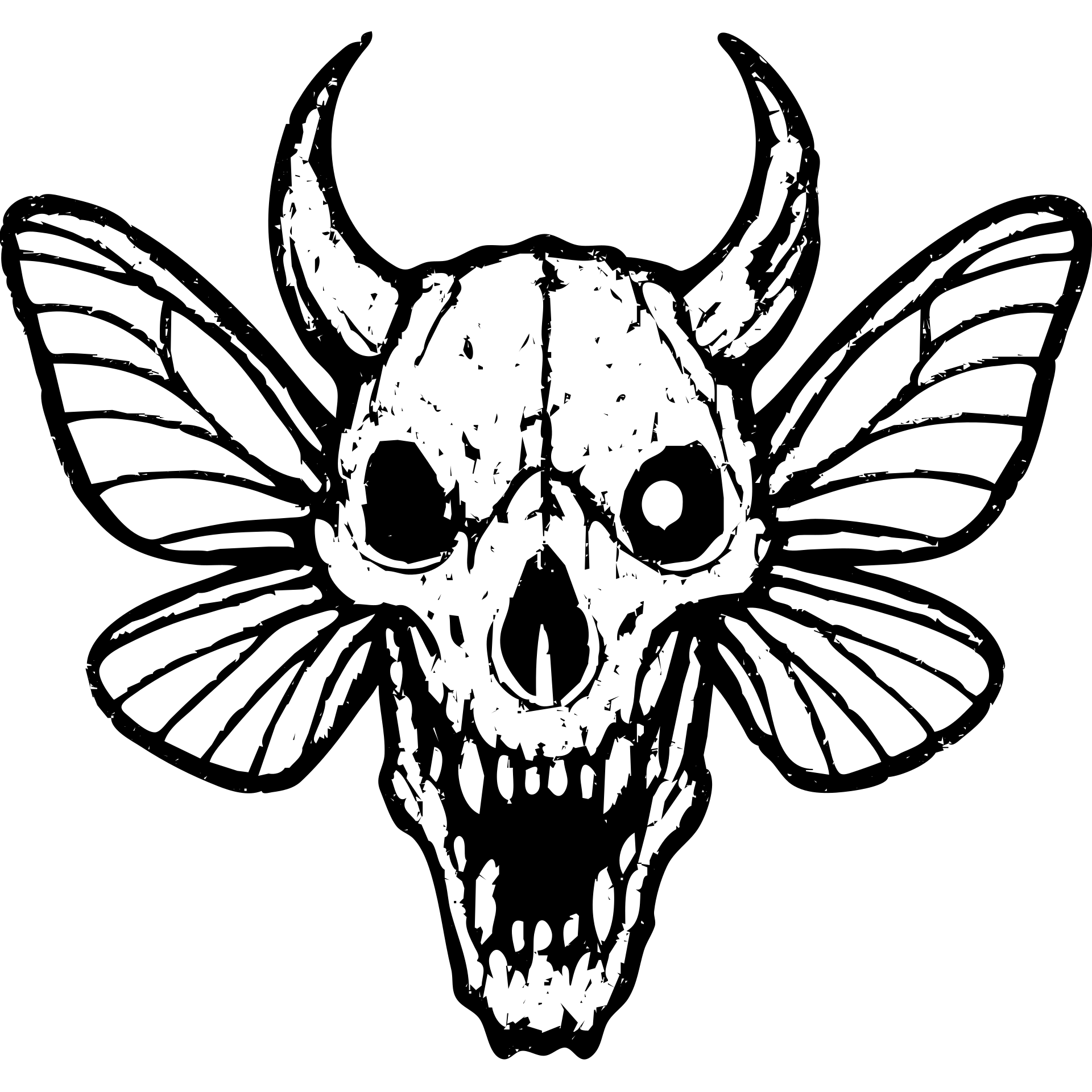 detailed red line art of nightmarish minotaur-stoat hybrid skull with broken horn and glowing eye, with moth wings, featuring mostly empty transparent center with detailed elements concentrated around the edges, heavily weathered perimeter with deliberate damage, hollow middle, twisted features, 100% red emoji
