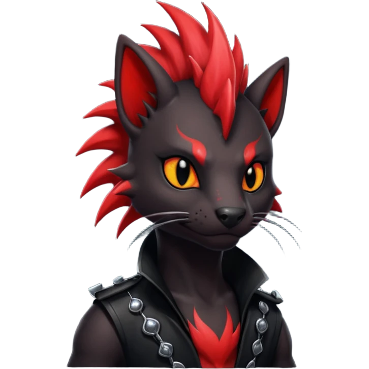 Shiny cool badass Fiery gothic evil black and red salandit-Liten-torracat with a red Mohawk  emoji