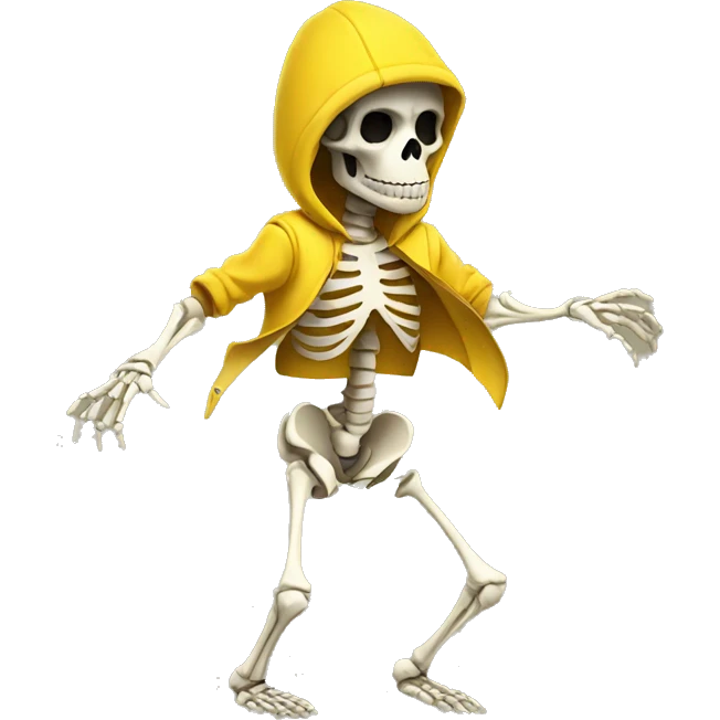 A Skeleton wearing yellow clothes,with a monkey mask on his face emoji
