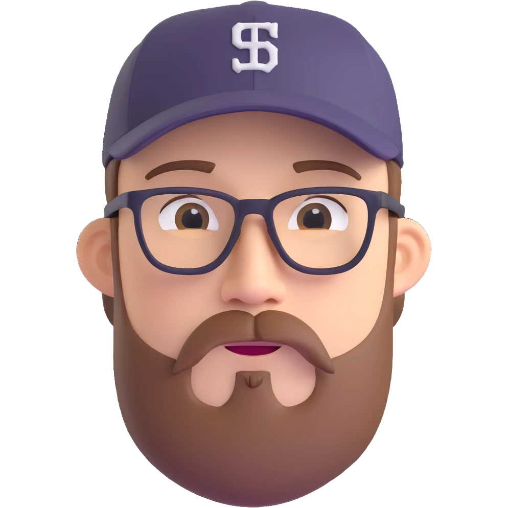 adventurer with goatee beard (no beard on cheeks), short hair, glasses and backwards baseball cap emoji