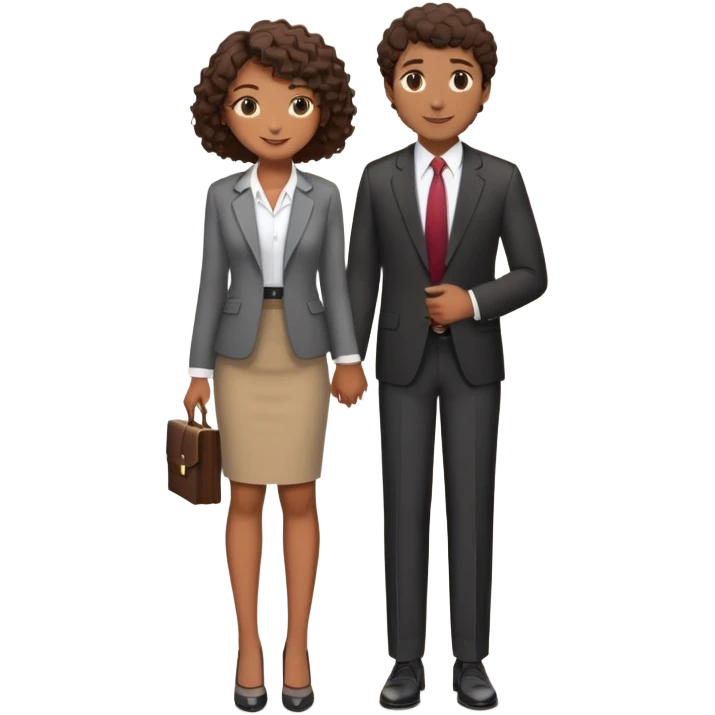 gostaria que você fizesse um casal no estilo emoji ios 18 stickers, uma menina negra, a menina está com um sorriso de boca fechada, ela tem o cabelo cacheado e curto na medida do ombro, o tom de pele dela é marrom médio, roupa de escritório, gostaria que fosse um emoji de corpo todo e ela estivesse usando uma saia até o joelho e salto alto, com aspecto que trabalha no RH de uma grande e  o homem ao lado dela, de mãos dadas, ele tem o tom de pele bronzeado, é mais alto que ela, ele usa roupa social e gostaria que ele tivesse um aspecto de advogado, o cabelo dele é liso castanho escuro, ele está com um sorriso fechado emoji