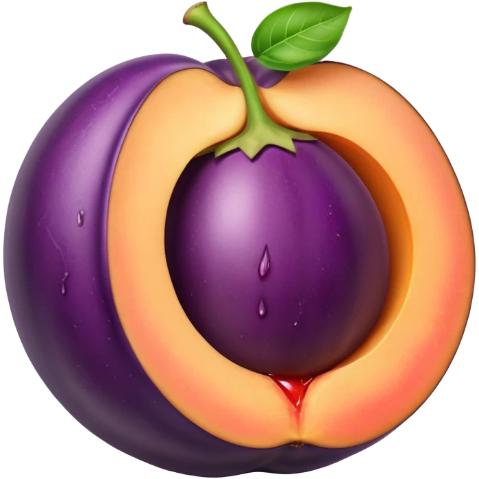 Eggplant stuck inside the crack of a peach wit h juices emoji