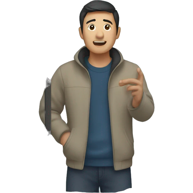 Asian man standing at the window looking at snow emoji