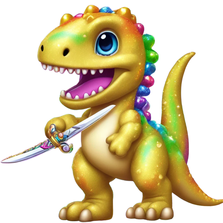 Lisa frank glitter rainbow cute dinosaur with sword and pearls emoji