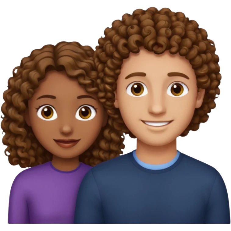 Açık kumral saçlı ela gözlü beyaz tenli erkek ve saçları koyu kahverengi ,kıvırcık saçlı kız yan yana gülümsüyor emoji