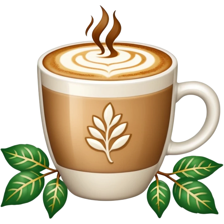 coffee cup with leaves around it and with latte art and with sparkles emoji