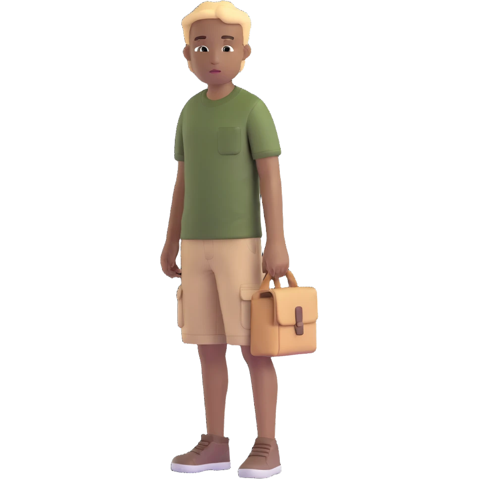 boy wearing an olive-green shirt over a brown T-shirt with beige cargo shorts emoji
