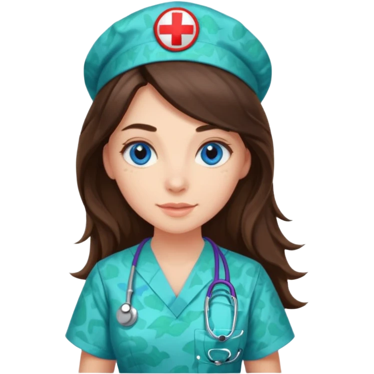 pretty brunette nurse with long hair and blue eyes in dinosaur pattern scrubs emoji