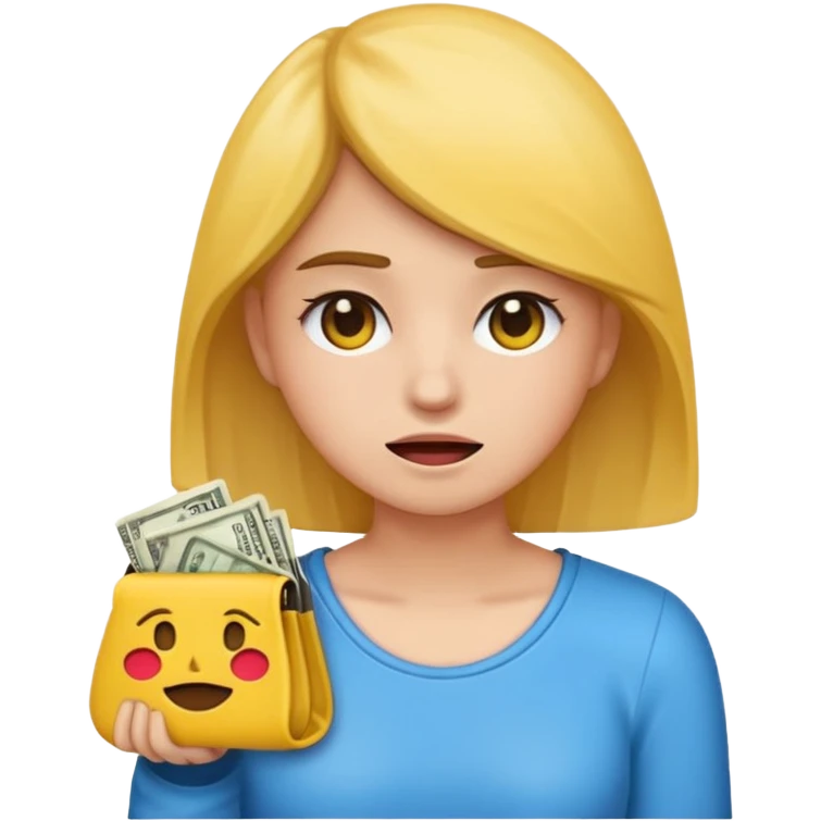 Emoji de una chica joven mostrando que no tiene dinero, sosteniendo una billetera vacía, expresión preocupada o triste, estilo emoji moderno y minimalista, colores planos, líneas limpias, fondo transparente. emoji