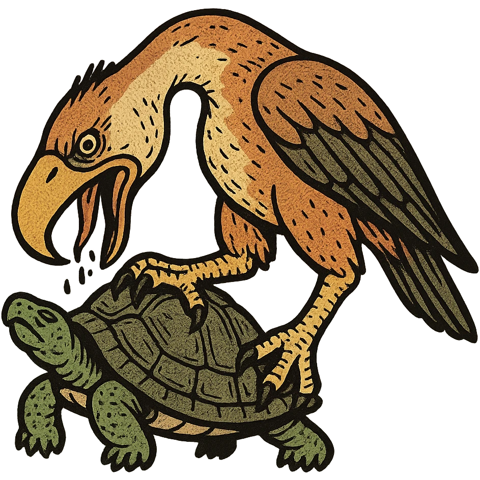 an insignia for a flag: a strange foreign alien bird creature, resembling a prehistoric phorusrhacos, gripping a upturned tortoise with a claw with its' beak tearing down into it
 emoji