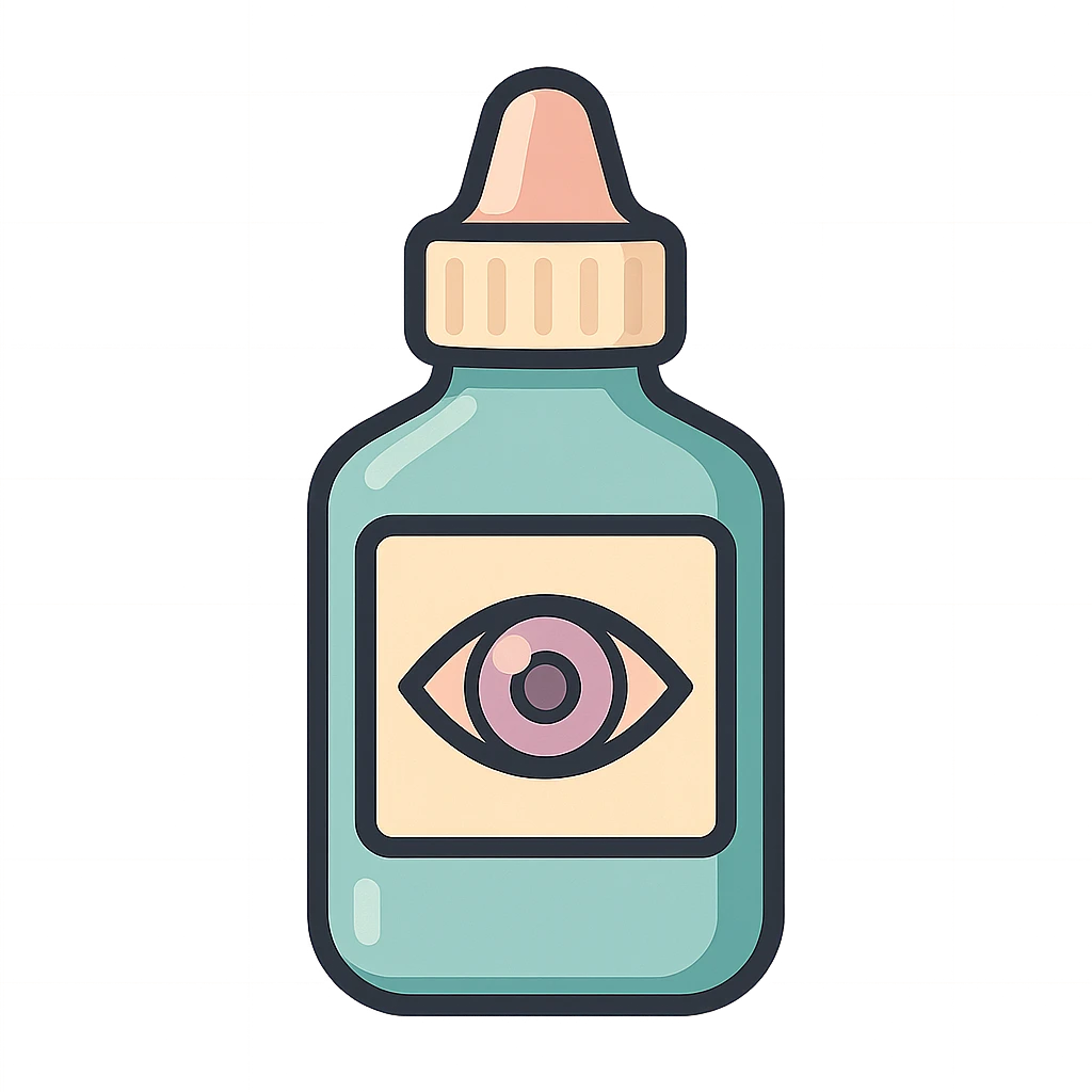 eye drops bottle with label, vector look with shadows and highlights, detailed shading, thin clean outlines, soft rounded features, pastel palette #98B5BC #B5B3C1 #C9A3C9 #E4C0CA #F7DCD1 #F7C0AA, Japanese pop art, sticker look, highly detailed, transparent background emoji