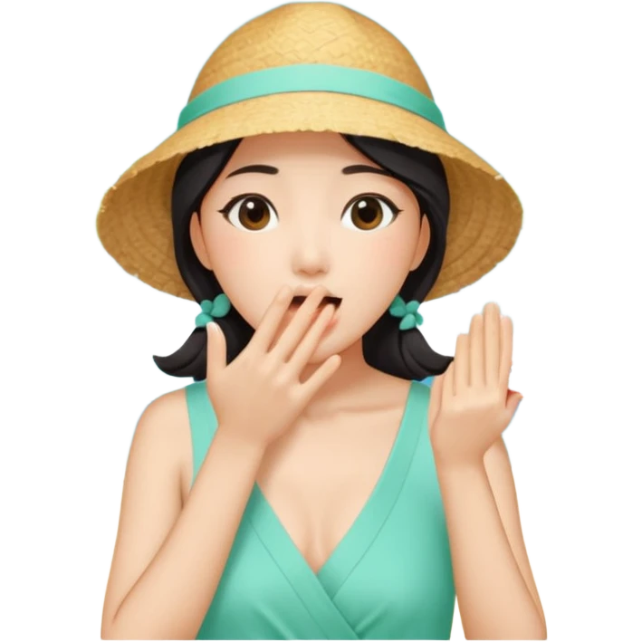 들뜬 표정의 20대 한국 여자, 여름 옷차림, 두 손으로 입을 감싸 “괌 가자~” 외치는 포즈. 민트색 배경, 밝고 유쾌한 광고 포스터 느낌,
휴양용 옷차림 emoji