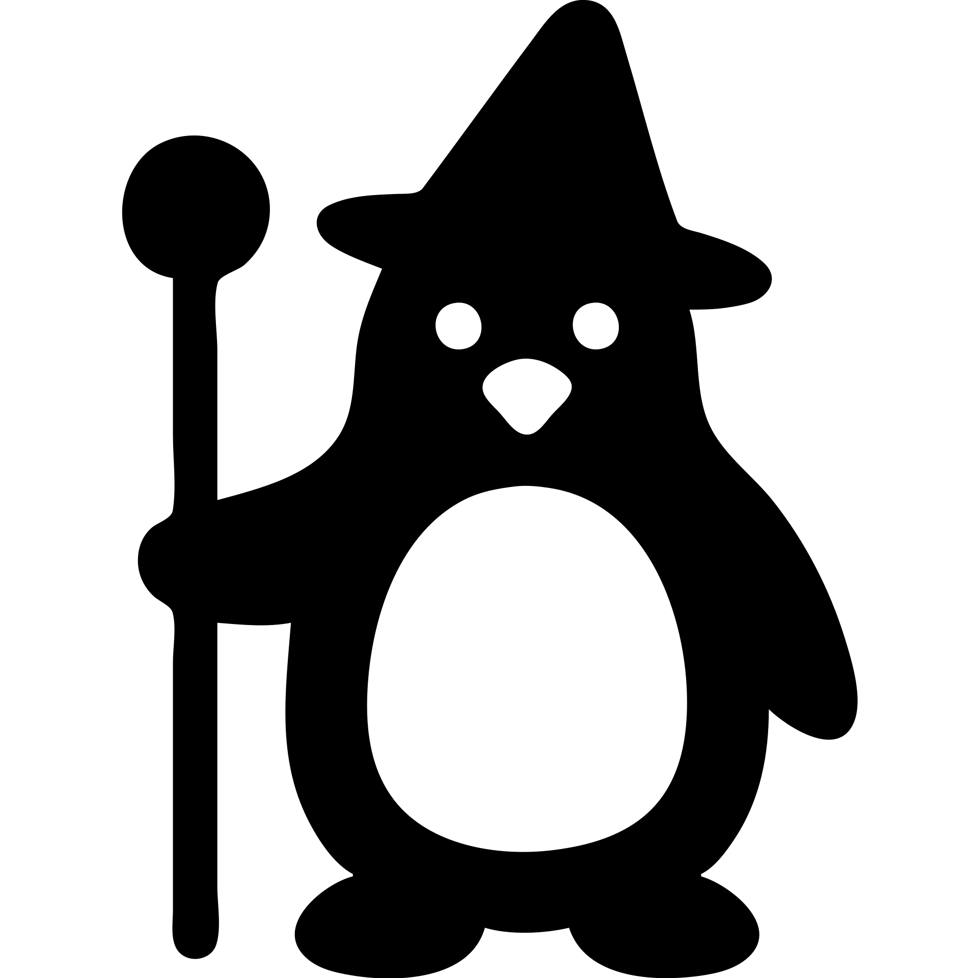 solid black icon of a penguin wizard with a pointy hat and staff emoji