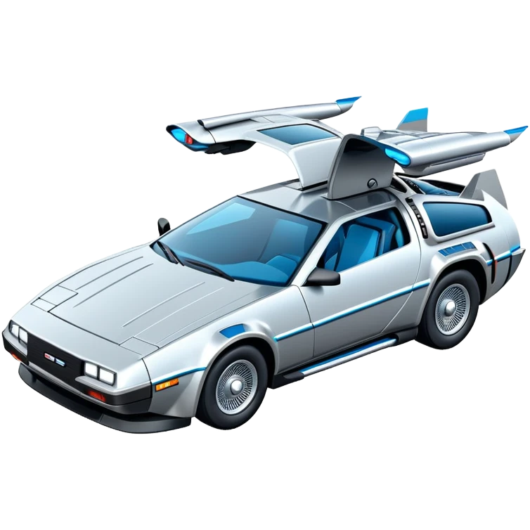 Retro-futuristic hover car inspired by the DeLorean, gullwing doors, silver metallic body with blue-tinted windows, stylized jet boosters in the back, flat vector style, outlined shapes, minimal design emoji