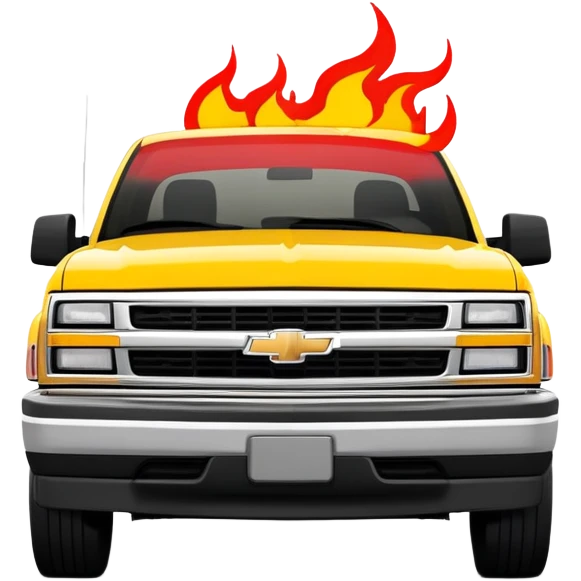 Minimalist yellow 1997 Chevrolet C-2500 Crew Cab Silverado with red flame decals across the hood front, 30-degree view, exact Kill Bill movie design, iOS emoji style emoji