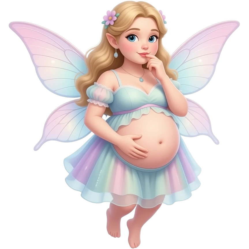 A fairy with a large overstuffed tummy makes her look heavily pregnant,her bellybutton likes kissing everything. emoji