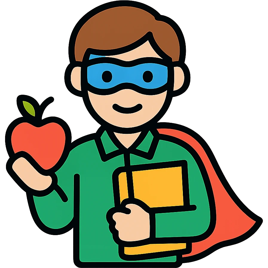 Teacher hero with book and apple emoji