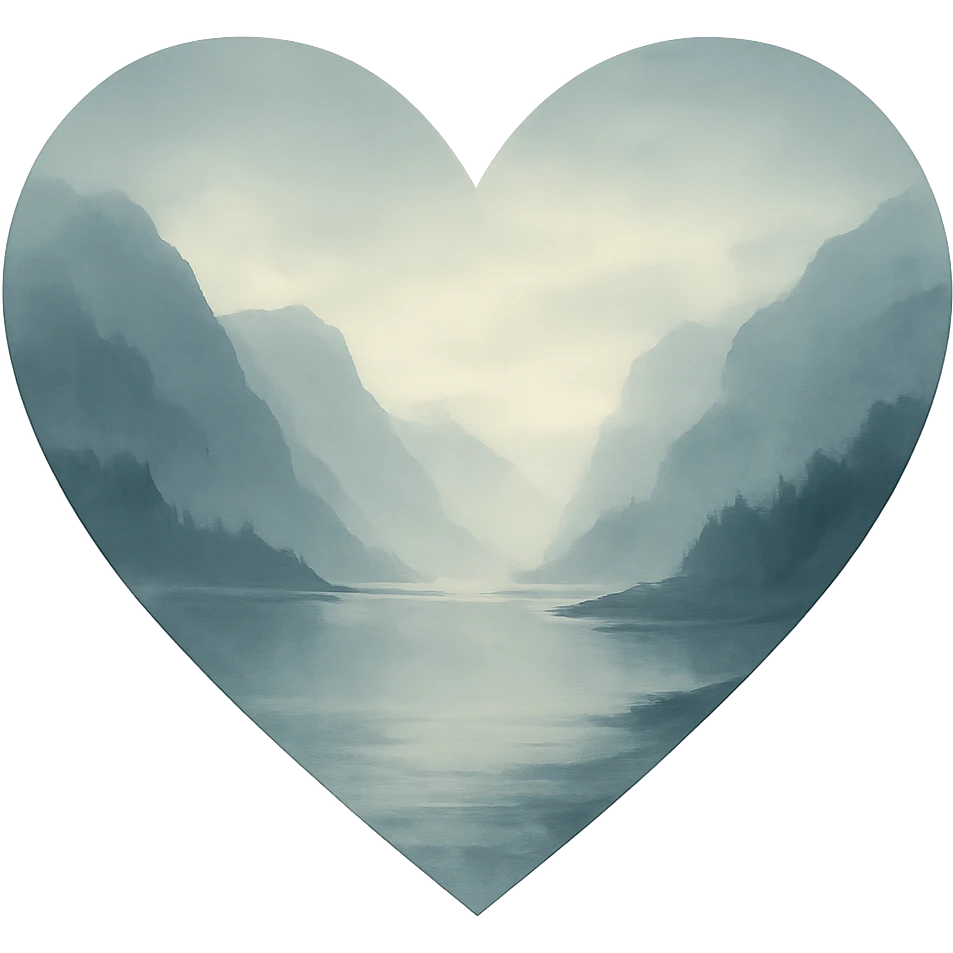 heart with a misty fjord landscape, clean digital illustration, no background emoji