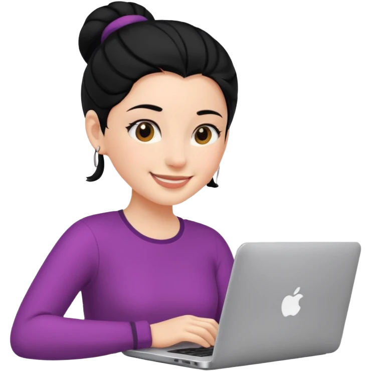 girl using her laptop smiling and black hair backwards emoji