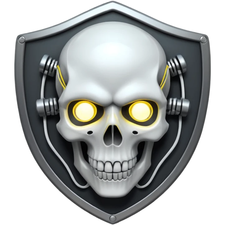 Cyberpunk shield, skull with cybernetic implants, glowing wires, dark white and white tones, no background emoji