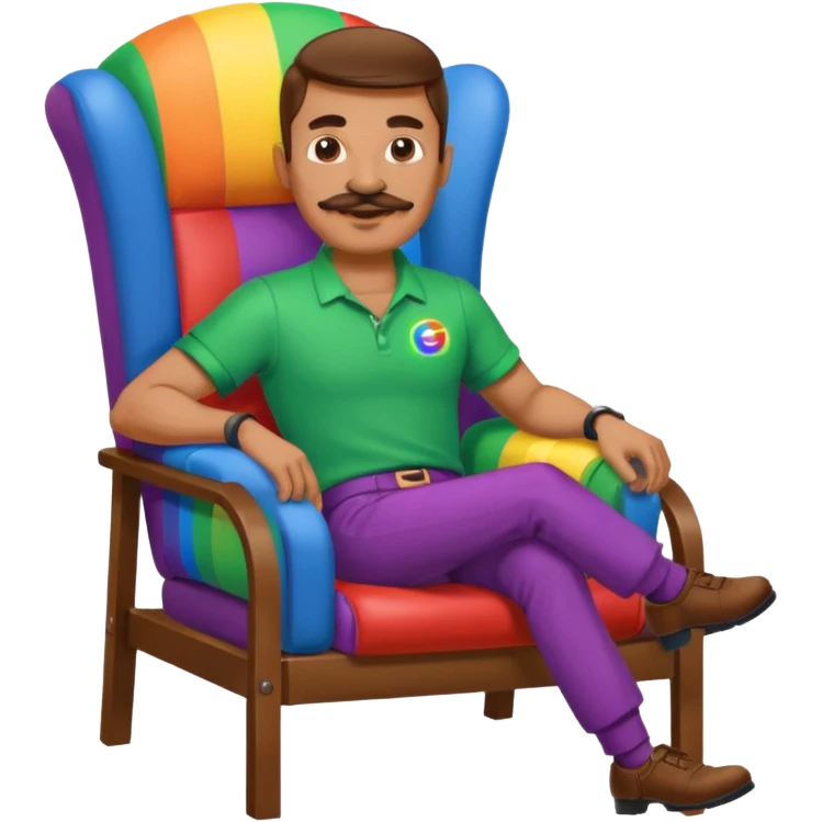 gay man rgb outfit, long chair, mustache emoji
