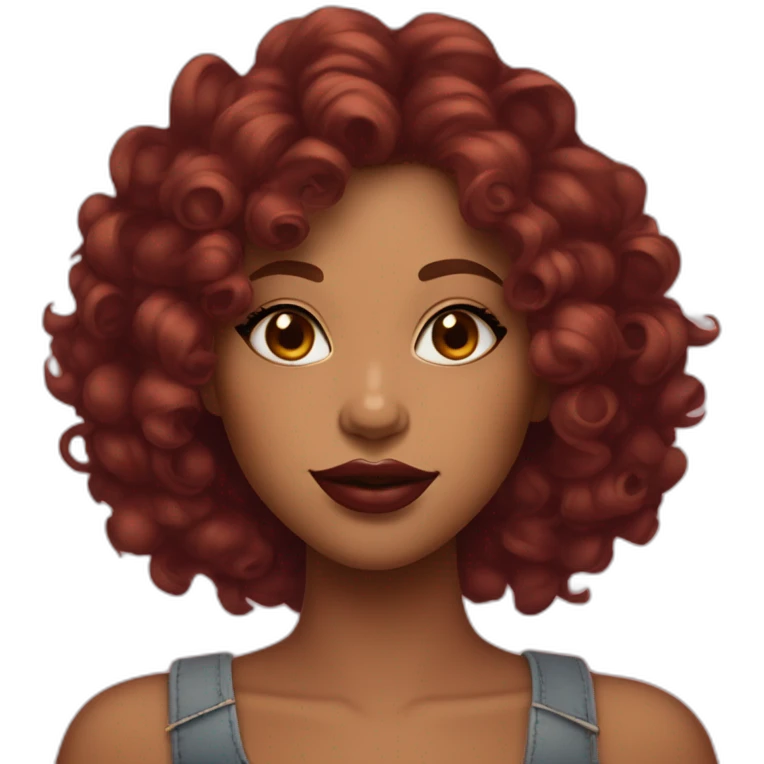 Emoji girl with honey tone skin with burgundy curly hair and big lips with lip liner and almond eyes emoji
