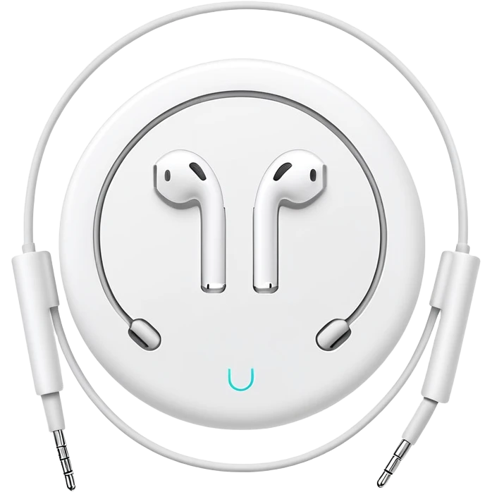 Ultra minimalist white Apple EarPods with cord coiled in a perfect circle, extremely simplified design with minimal details, basic clean outlines, just the essential shape of white headphones and wire in a circle, iOS style emoji