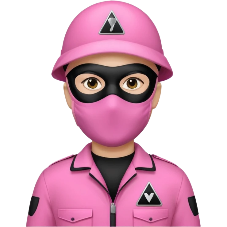 guard from Squid Game Round 6 wearing pink jumpsuit and black mask with white triangle, apple emoji style emoji