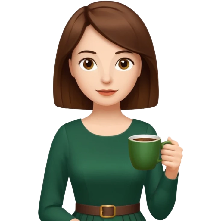 Woman with Braun bob hair, dark green dress a cup of coffee saying “Das ist doch Sonnenklar“ - Kerstin Baum emoji