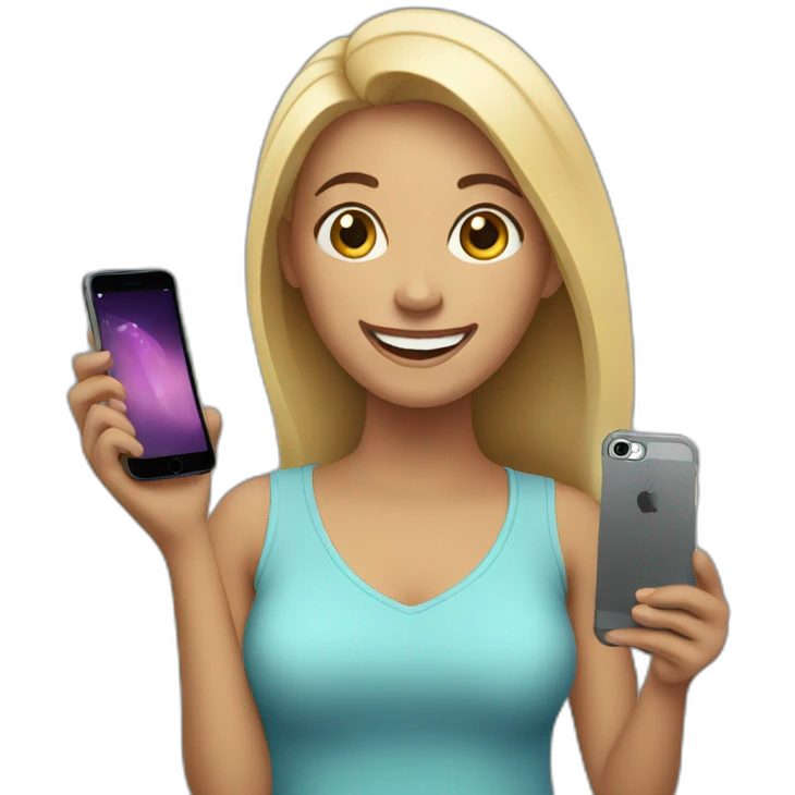 happy woman holding a iphone emoji