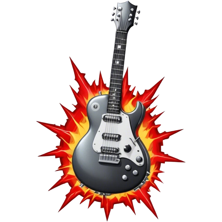 Create a bold and powerful emoji representing rock vocal performance in a humanless collage. The design should feature a vintage microphone at the center, surrounded by a heavy, aggressive hardcore electric guitar with sharp, jagged edges. Include crossed drumsticks behind the guitar, symbolizing the intense rhythm of rock music. Add fiery elements like flames or lightning bolts to enhance the raw energy of the design. Use dark, bold colors like black, red, and silver, with metallic or chrome accents to reflect the rebellious, hard-hitting nature of rock. The background should be transparent. emoji