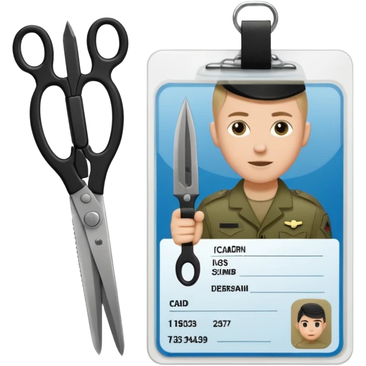 Floating black Scissors cutting in half an idf soldier ID card with a little chip in 2 parts emoji