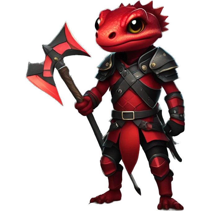 A cute anime styled lizard warrior in red and black armor, holding a battleaxe, in a night time forest path with fireflies emoji