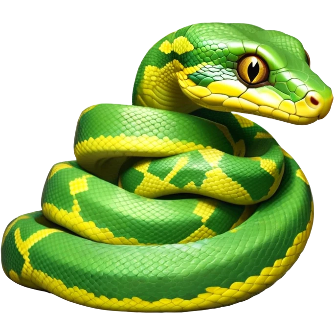 cinematic-green tree python-realistic-full-body-coiled-emoji,-thick-scaled-body-looped-tightly,-intricate-yellow and white-patterned-scales-reflecting-light,-head-tilted-dramatically,-cute-eyes-staring-calmly,-simplified-yet-realistic-focused-feature emoji