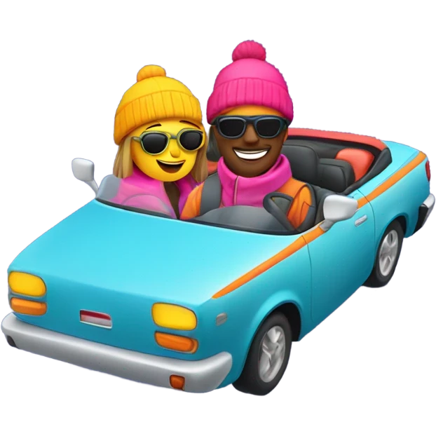 Couple driving in ski clothes convertible fast emoji