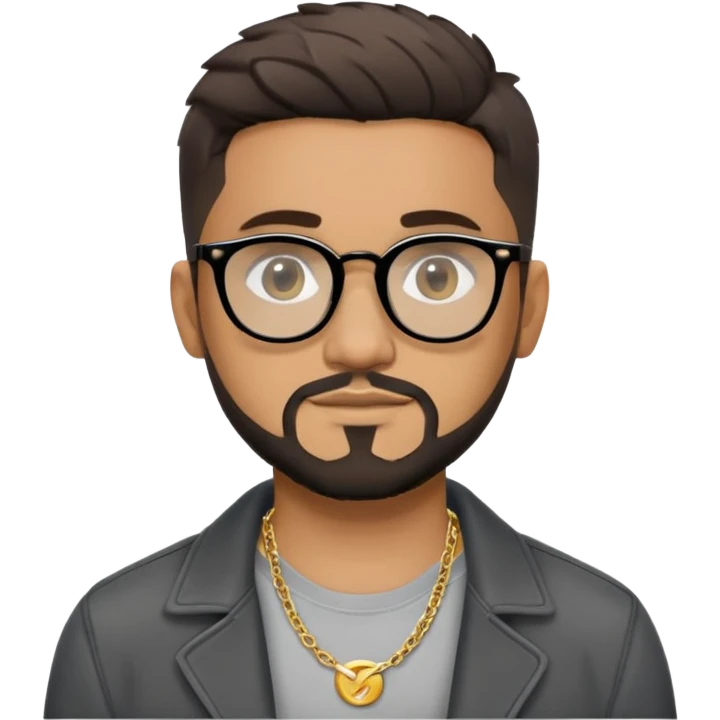 Hombre latino piel marron claro, cara estirada ovalada, gafas redondas oscuras, barba corta, pelo muy corto fade a los lados medio risado. Sonrisa leve, expresión tranquila. Camiseta gris, jacket negro abierto, collar G dorado emoji