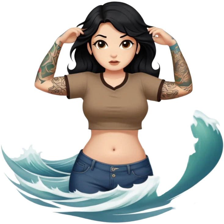 A girl with fair skin and a little fat - long black hair with big waves - tattoos on the upper arm - no tattoos on the lower arm - wearing a brown navel-revealing short-sleeved shirt - full body photo - tattoos only on the upper arm emoji