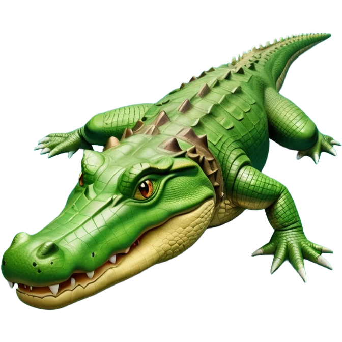 cinematic-crocodile-realistic-full-body-on all fours-emoji,-massive-scaled-body-partially-submerged-in-shallow-water,-head-tilted-dramatically,-rough-green-and-brown-hide-textured-with-deep-ridges,-simplified-yet-realistic-focused-features, head held high emoji
