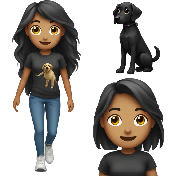 Girl with long hair and tshirt walking black lab emoji
