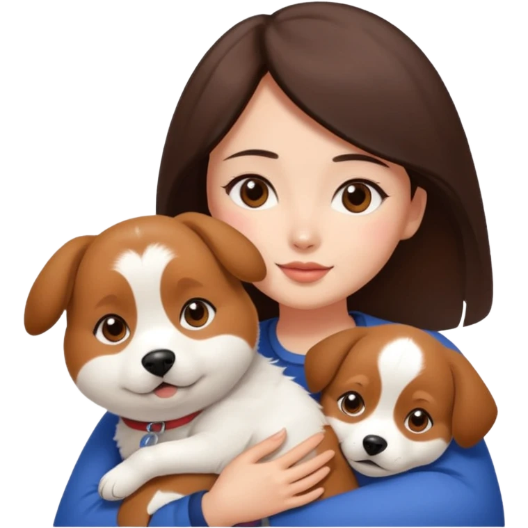 a beautiful woman with medium length dark brown hair and brown eyes, a bit chubby, hugs a beagle and japanese spitz dog  emoji