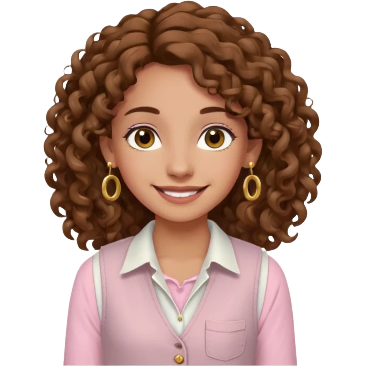 chica un poco morena (no demasiado), pelo rizado largo, sonriendo, con ojos grandes y marrones con camisa rosa palo y un chaleco blanco y aretes dorados en forma de circulo en sus orejas  emoji